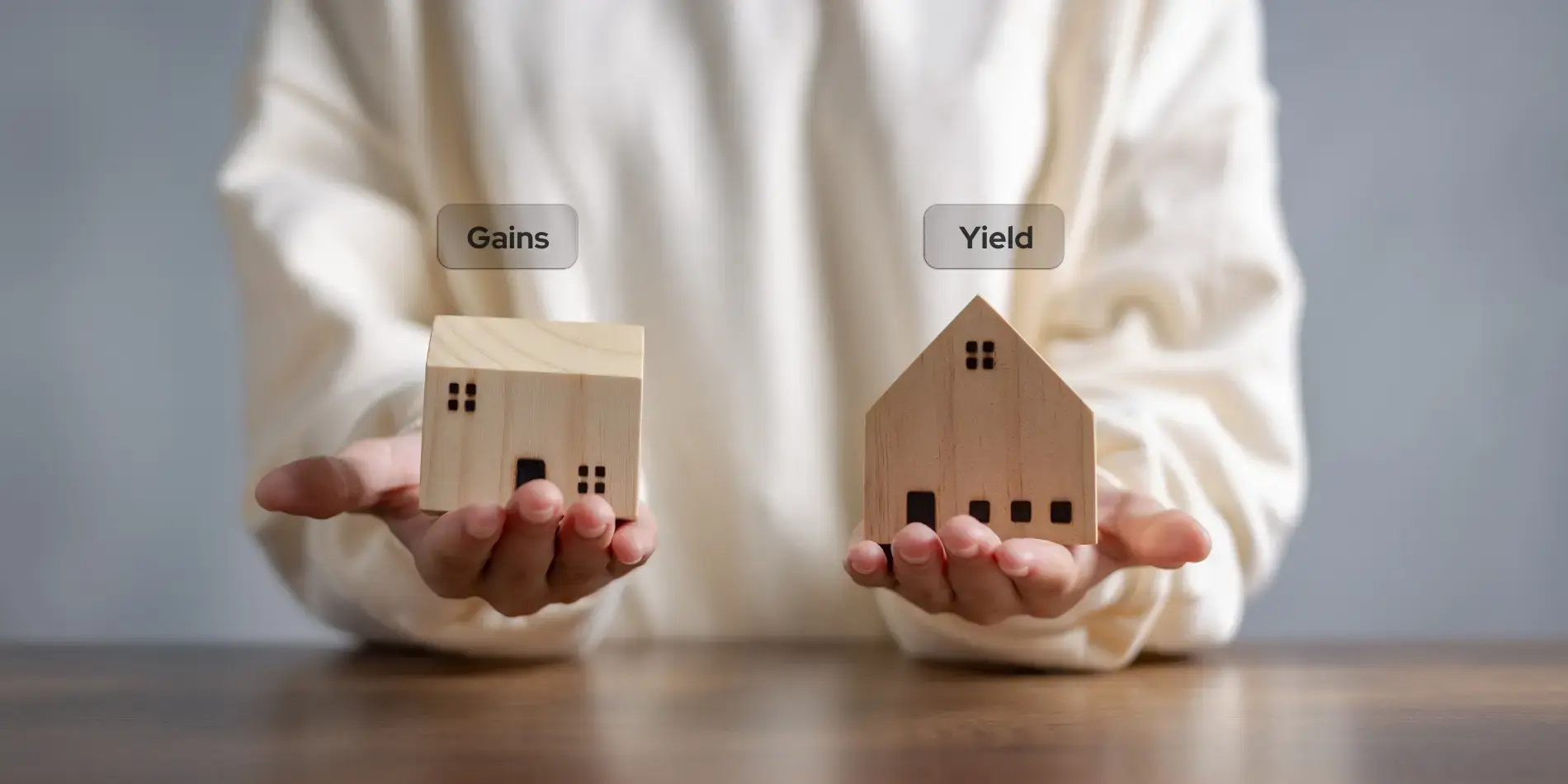 holding 2 model houses in each hand