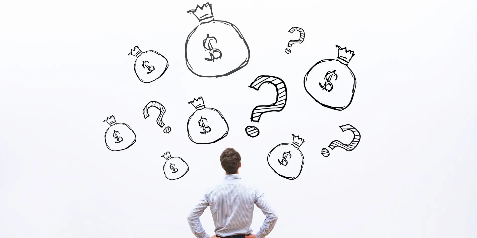 man in white shirt looking up at cartoon drawings of money bags